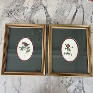 Vintage Floral Rose Botanical Print Red Pink Gold Frame Set of 2 - Cottagecore